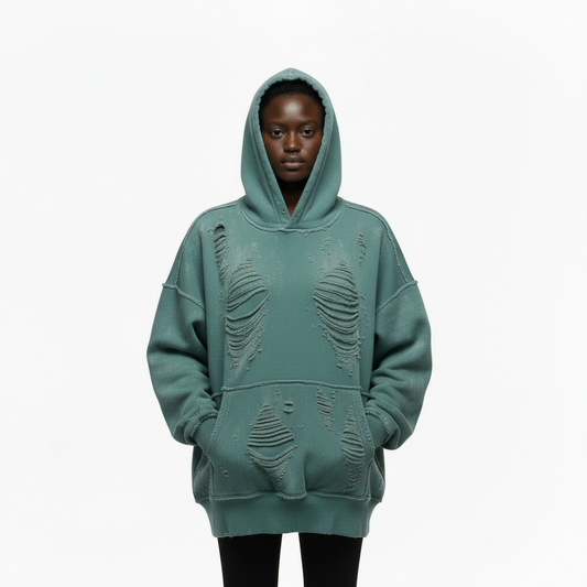 Ellenvinis Olive Green 1800GSM Double-Sided Washed Destroyed Hoodie – Vintage Street Style Heavyweight Sweatshirt