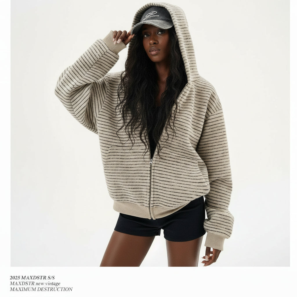 Ellenvinis American Vintage 2025 Autumn and Winter New Striped Zipper Cardigan Hooded Sweater Men's and Women's Couples Jacket