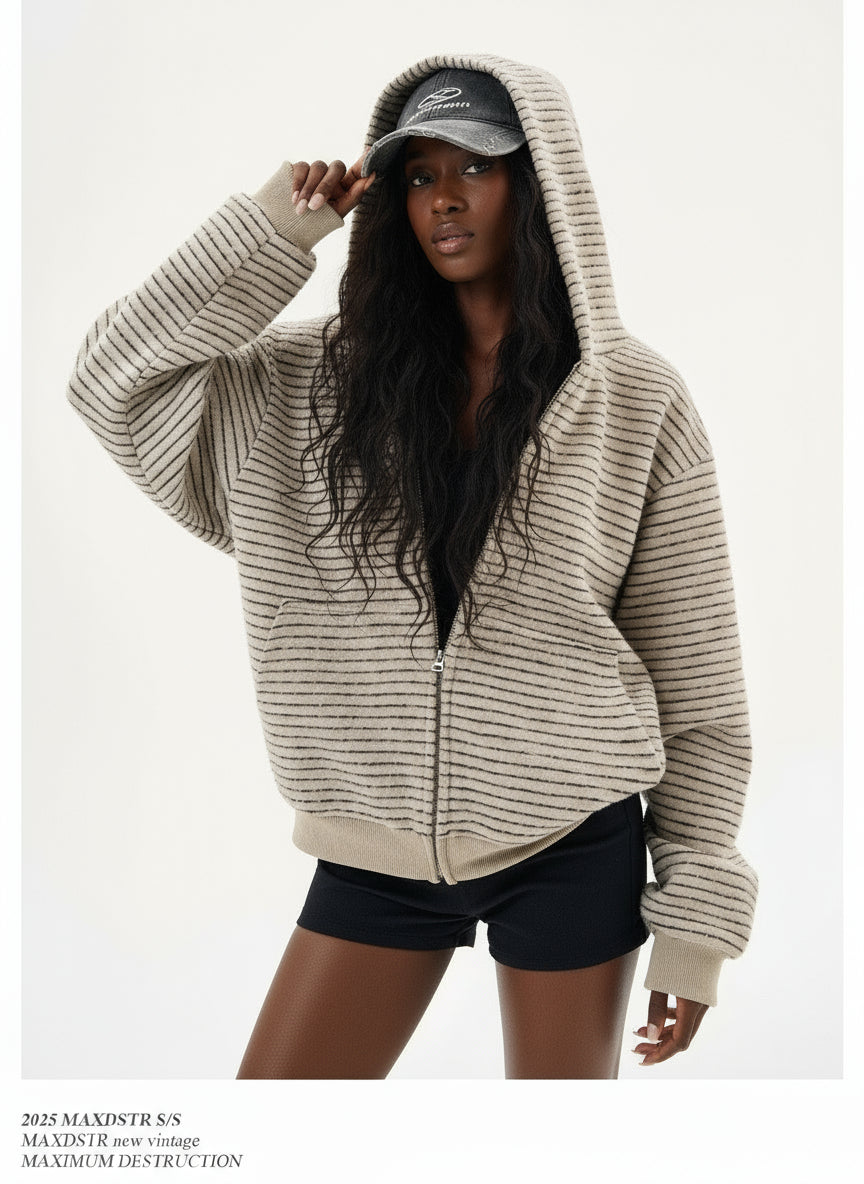 Ellenvinis American Vintage 2025 Autumn and Winter New Striped Zipper Cardigan Hooded Sweater Men's and Women's Couples Jacket