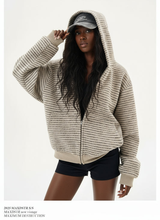 Ellenvinis American Vintage 2025 Autumn and Winter New Striped Zipper Cardigan Hooded Sweater Men's and Women's Couples Jacket