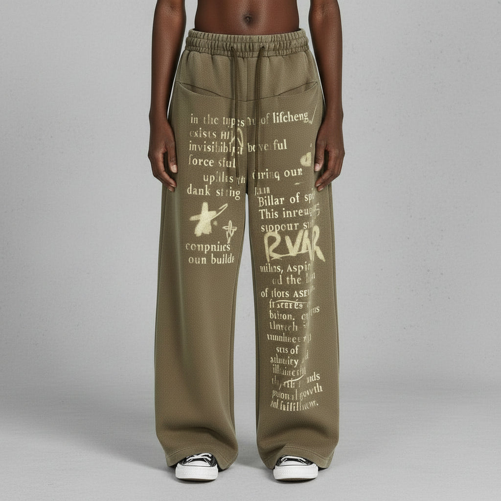 Ellenvinis Vintage Street Letter Graphic Relaxed Blade-Curve Wide-Leg Pants