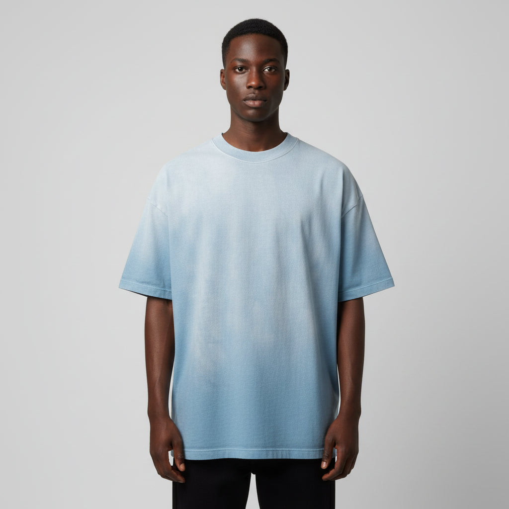 Ellenvinis 350GMS Gradient Sea Blue Raw Edge Destroyed Oversize Heavyweight Short Sleeve Tee Unisex
