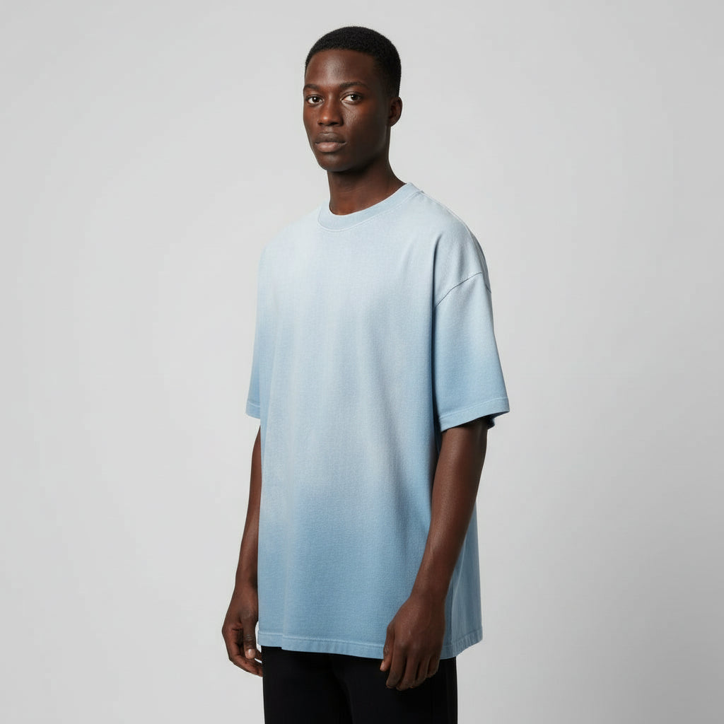 Ellenvinis 350GMS Gradient Sea Blue Raw Edge Destroyed Oversize Heavyweight Short Sleeve Tee Unisex