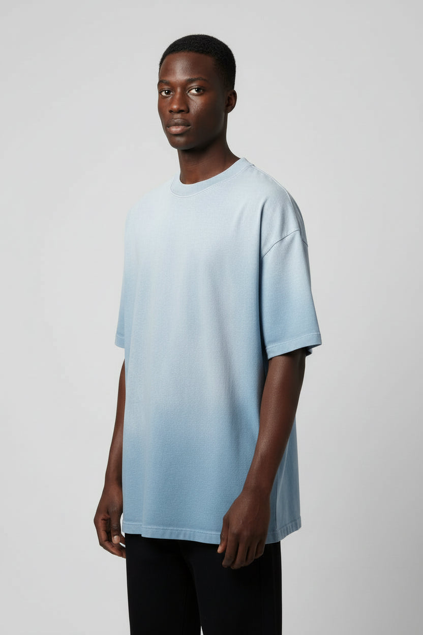 Ellenvinis 350GMS Gradient Sea Blue Raw Edge Destroyed Oversize Heavyweight Short Sleeve Tee Unisex