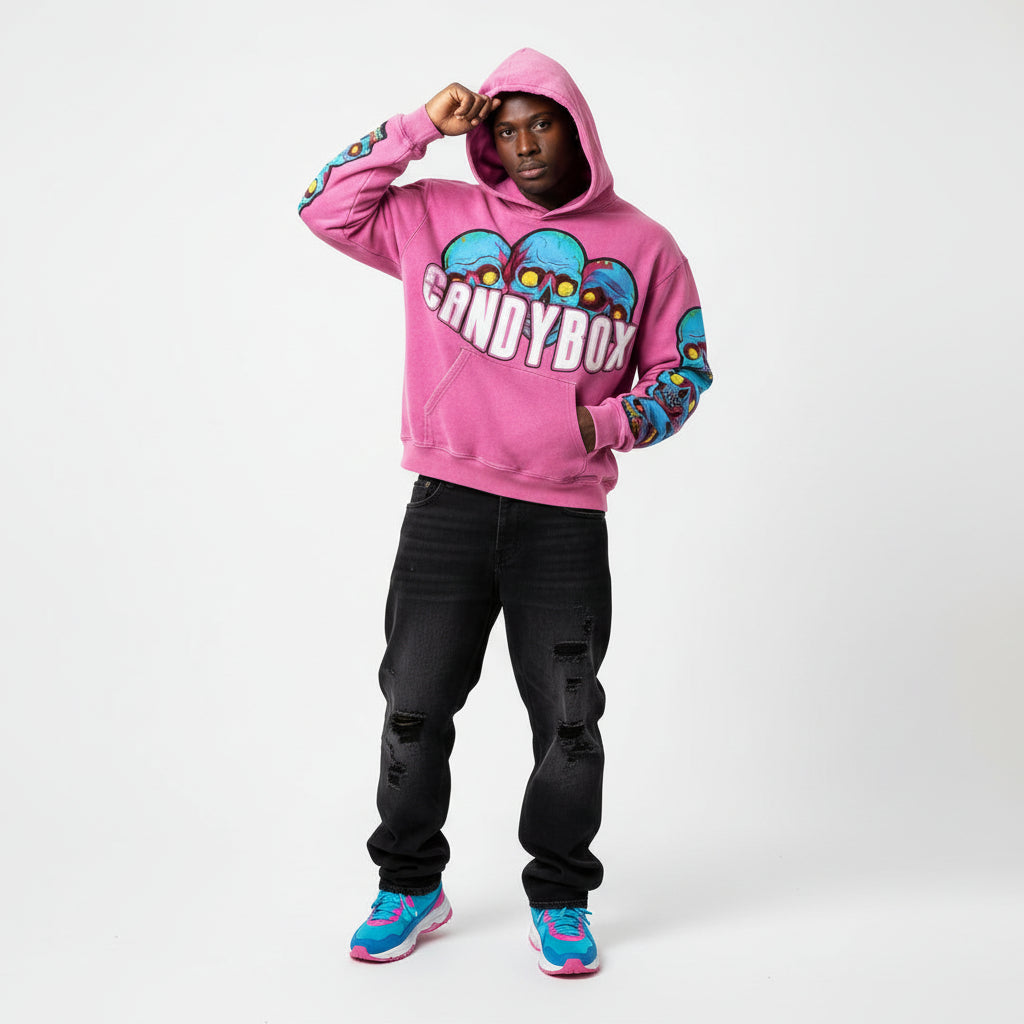 Ellenvinis 1800Gms Washed Pink Vintage Print Hoodie – Streetwear Fit