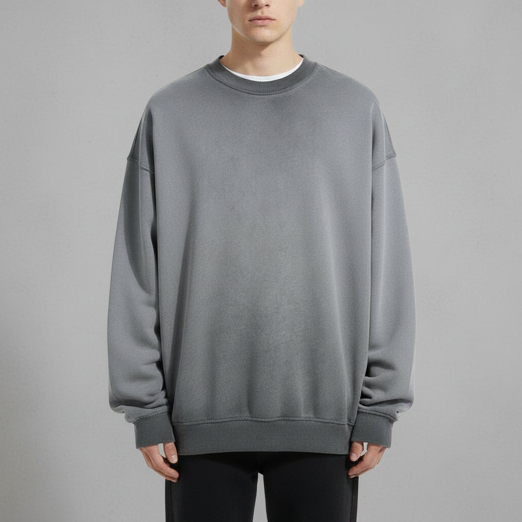 Ellenvinis Smog Gray Heavyweight 430Gms Vintage Washed Fleece Crewneck Sweatshirt Unisex Oversized Streetwear