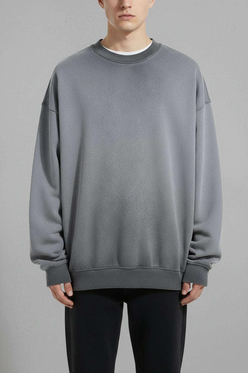 Ellenvinis Smog Gray Heavyweight 430Gms Vintage Washed Fleece Crewneck Sweatshirt Unisex Oversized Streetwear