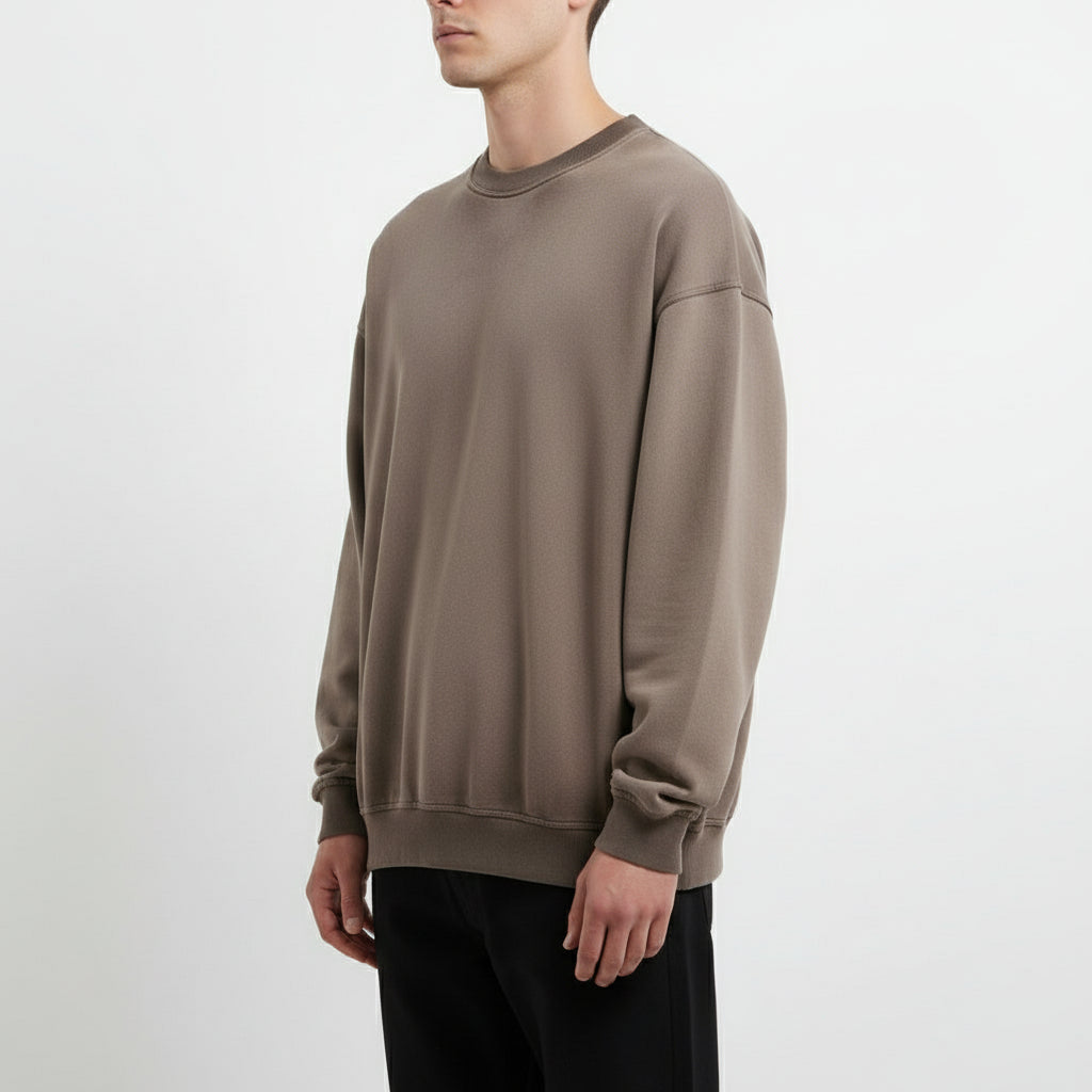 Ellenvinis Coffee Brown Heavyweight 430g Vintage Washed Fleece Crewneck Sweatshirt Unisex Oversized Streetwear