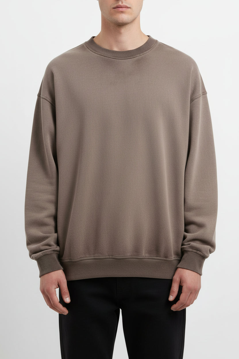 Ellenvinis Coffee Brown Heavyweight 430g Vintage Washed Fleece Crewneck Sweatshirt Unisex Oversized Streetwear