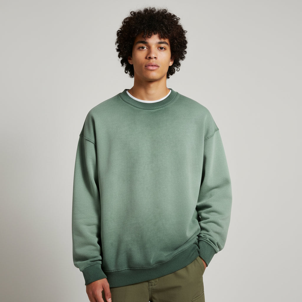 Ellenvinis Olive Green Heavyweight 430gms Vintage Washed Fleece Crewneck Sweatshirt Unisex Oversized Streetwear