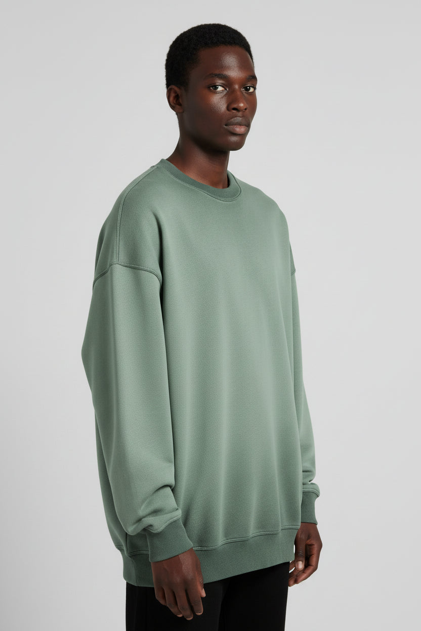 Ellenvinis Olive Green Heavyweight 430gms Vintage Washed Fleece Crewneck Sweatshirt Unisex Oversized Streetwear