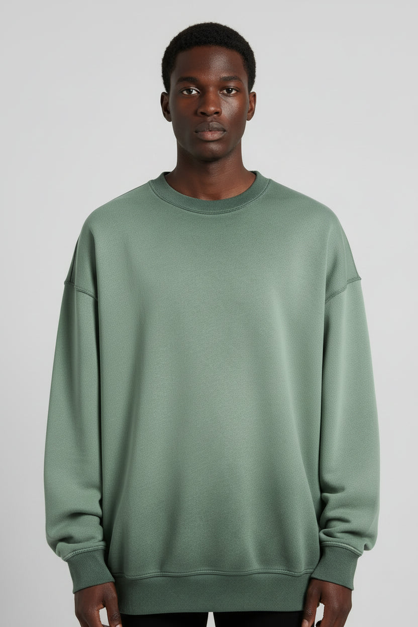 Ellenvinis Olive Green Heavyweight 430gms Vintage Washed Fleece Crewneck Sweatshirt Unisex Oversized Streetwear