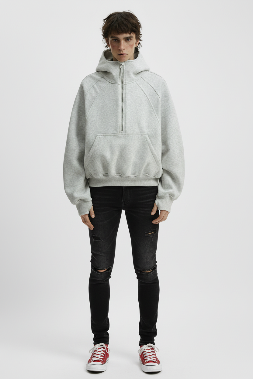 Ellenvinis Heavyweight Cropped Half Zip Hoodie Double Layer 1200GMS