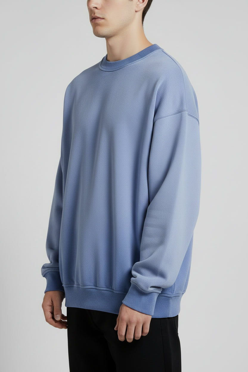 Ellenvinis Smog Blue Heavyweight 430gms Vintage Washed Fleece Crewneck Sweatshirt Unisex Oversized Streetwear