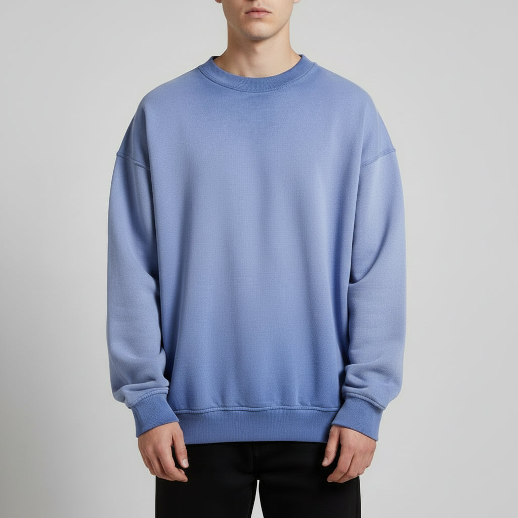 Ellenvinis Smog Blue Heavyweight 430gms Vintage Washed Fleece Crewneck Sweatshirt Unisex Oversized Streetwear