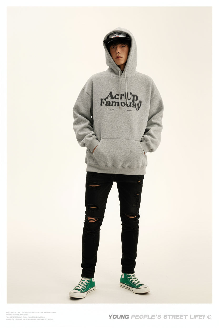 Ellenvinis 600 GSM  Men's Spring and Autumn Heavy Blurred Letter Hooded Printed Sweater Men's American Loose and Skinny High Street Pullover