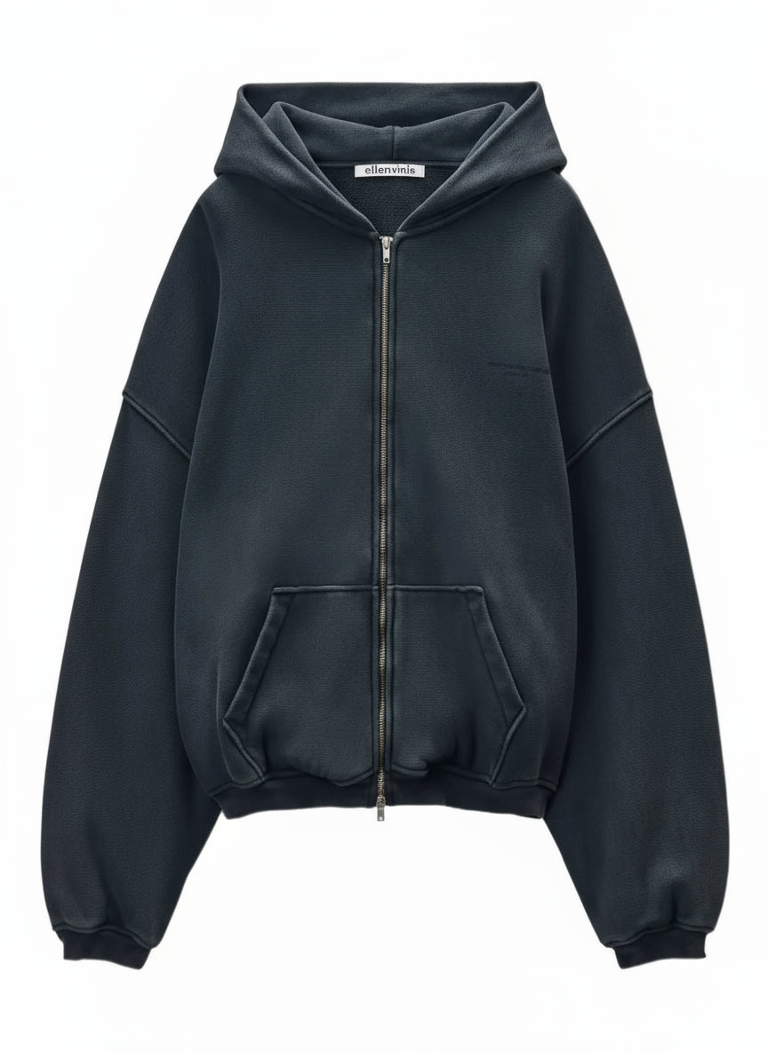 Ellenvinis 900GSM Double-Layer Sandwashed Zipper Hoodie – Heavyweight Streetwear