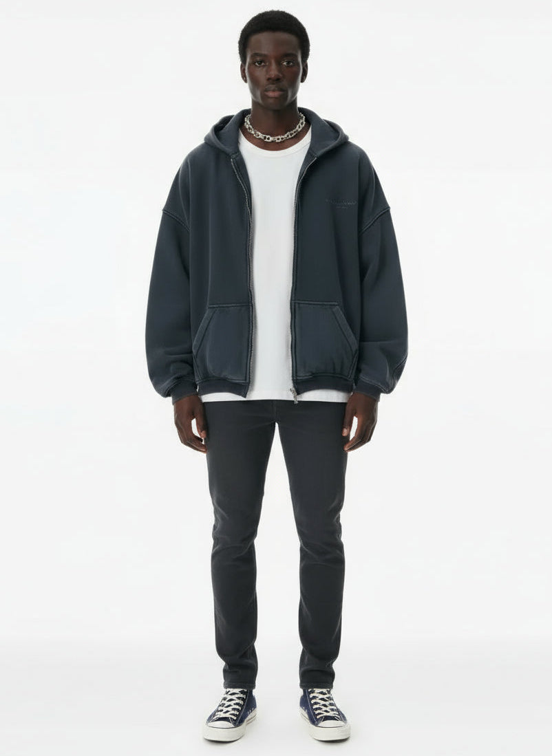 Ellenvinis 900GSM Double-Layer Sandwashed Zipper Hoodie – Heavyweight Streetwear
