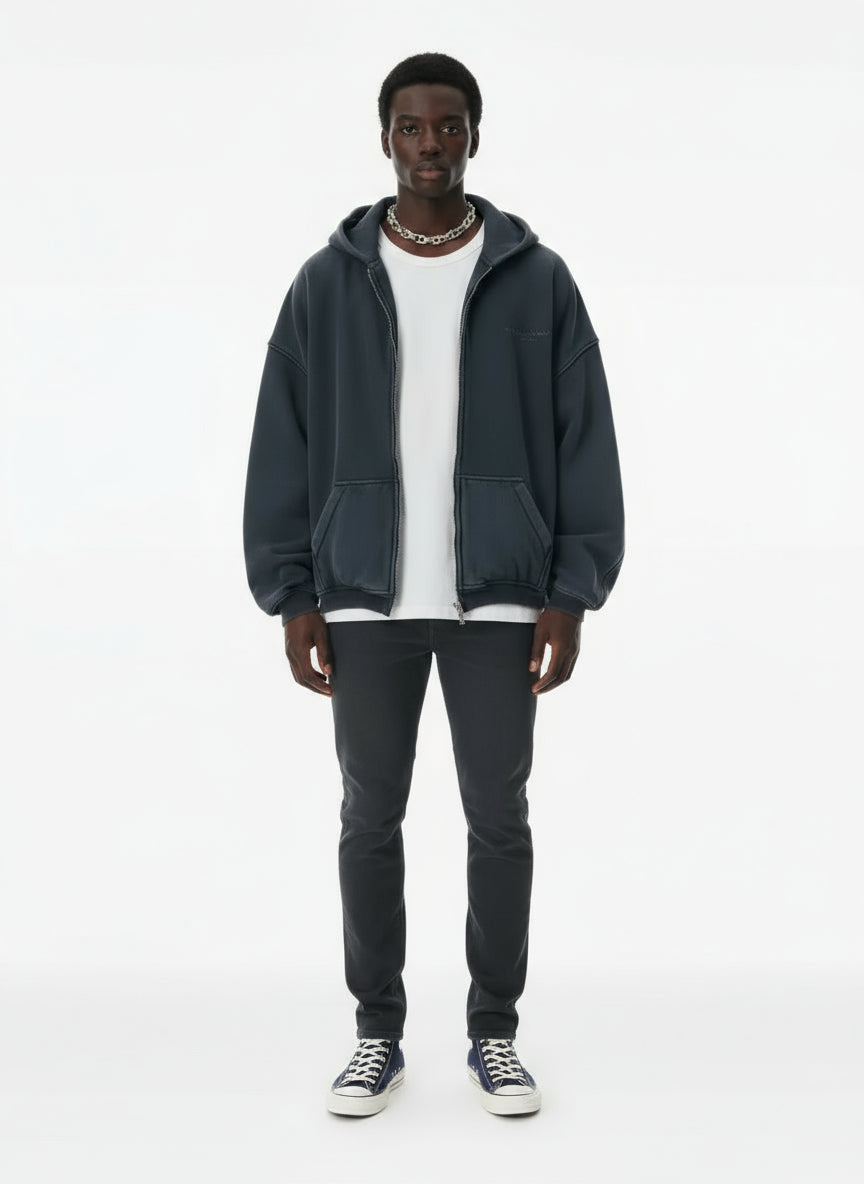 Ellenvinis 900GSM Double-Layer Sandwashed Zipper Hoodie – Heavyweight Streetwear
