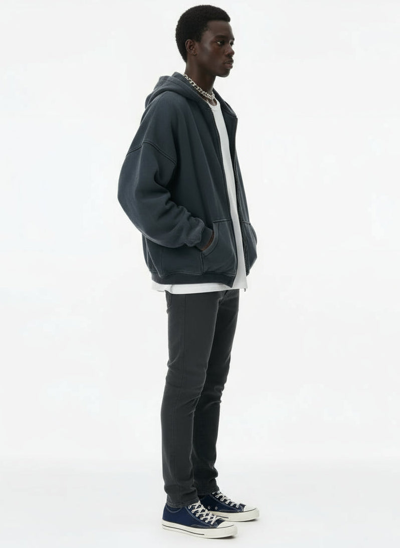 Ellenvinis 900GSM Double-Layer Sandwashed Zipper Hoodie – Heavyweight Streetwear