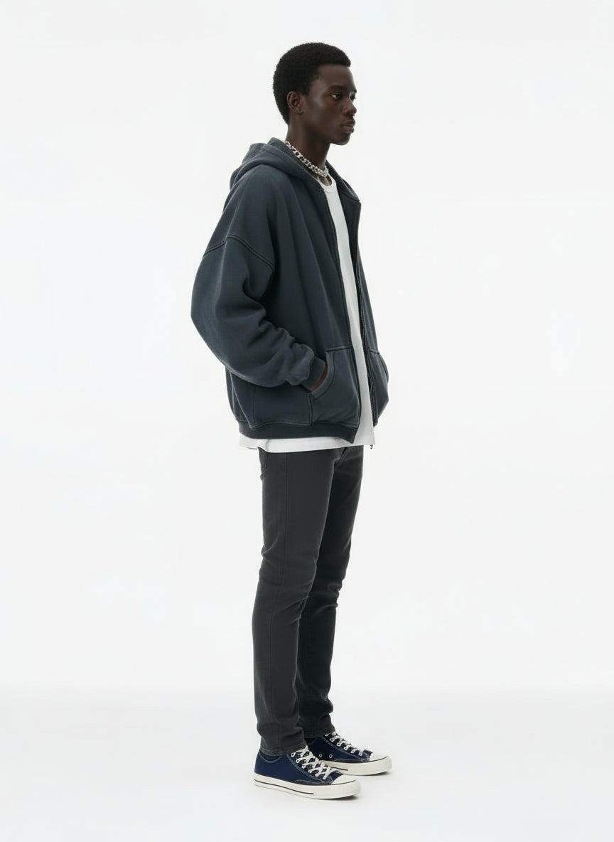 Ellenvinis 900GSM Double-Layer Sandwashed Zipper Hoodie – Heavyweight Streetwear