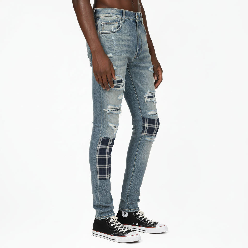 Ellenvinis Light Blue Distressed Patchwork Jeans | High-Street Washed Denim Slim Fit