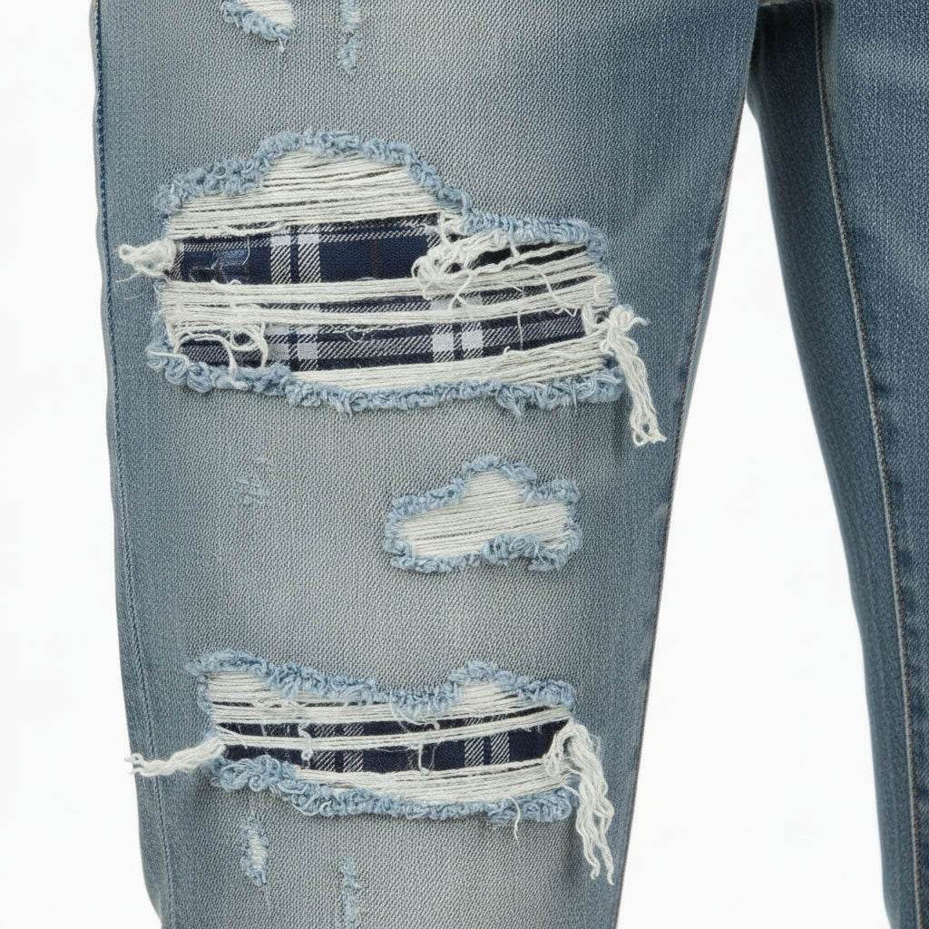 Ellenvinis Light Blue Distressed Patchwork Jeans | High-Street Washed Denim Slim Fit