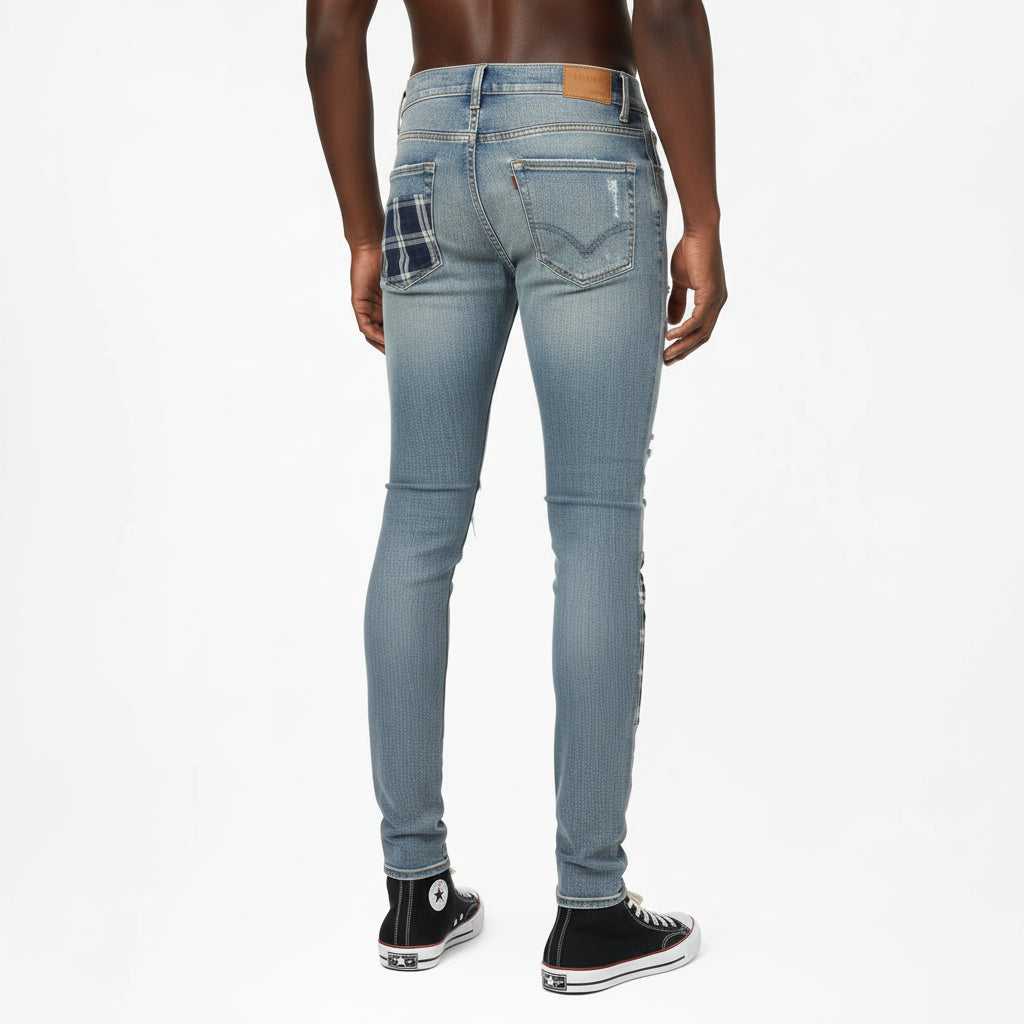 Ellenvinis Light Blue Distressed Patchwork Jeans | High-Street Washed Denim Slim Fit