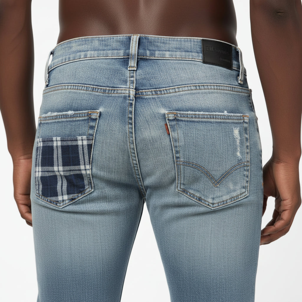 Ellenvinis Light Blue Distressed Patchwork Jeans | High-Street Washed Denim Slim Fit