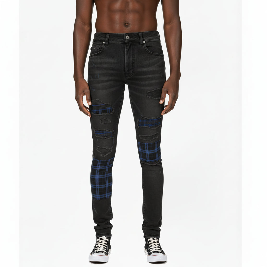 Ellenvinis Light Blue Distressed Patchwork Jeans | High-Street Washed Denim Slim Fit