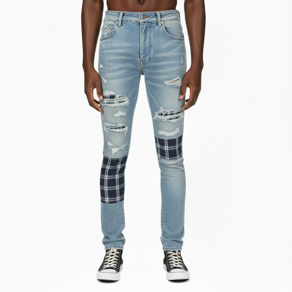 Ellenvinis Light Blue Distressed Patchwork Jeans | High-Street Washed Denim Slim Fit