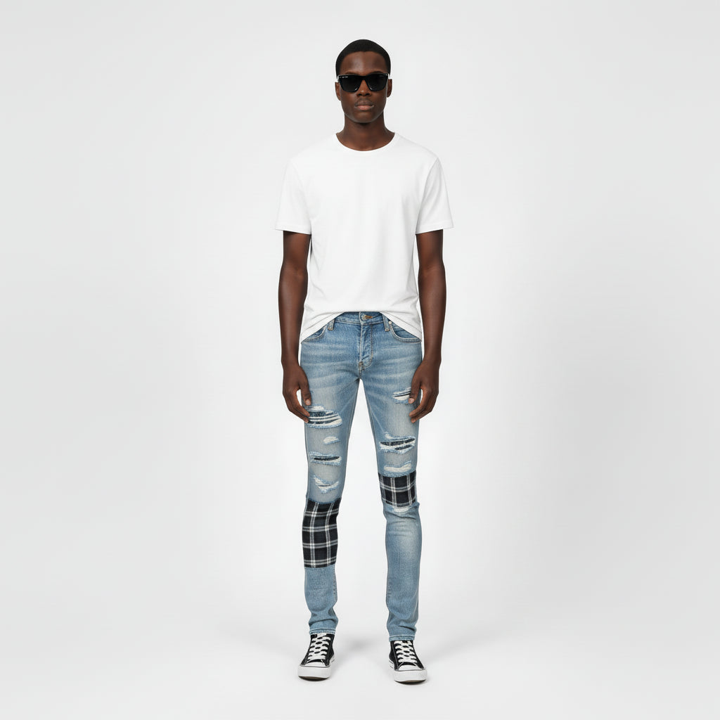 Ellenvinis Light Blue Distressed Patchwork Jeans | High-Street Washed Denim Slim Fit