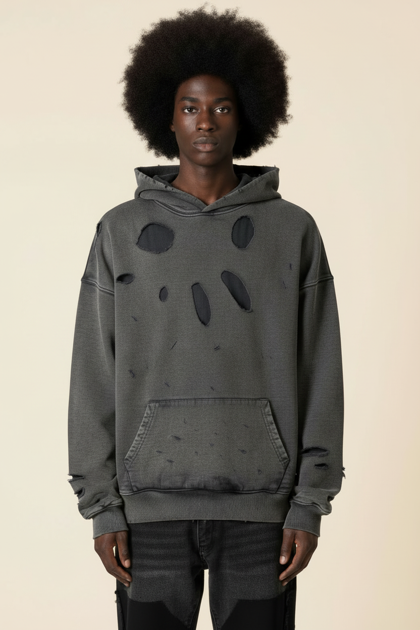 Ellenvinis Breeze Destroyed Hoodie Washed Black Vintage Streetwear