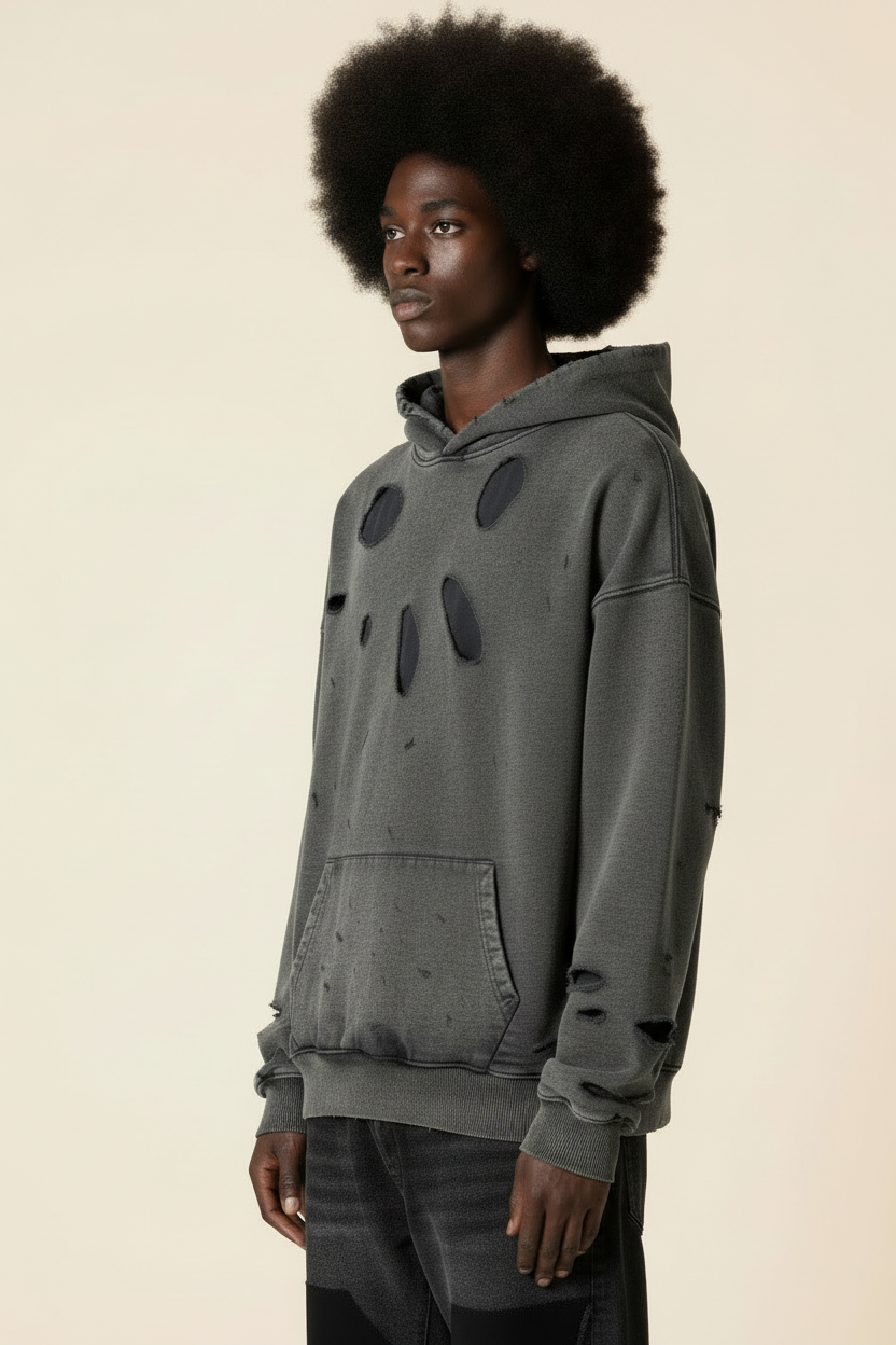 Ellenvinis Breeze Destroyed Hoodie Washed Black Vintage Streetwear