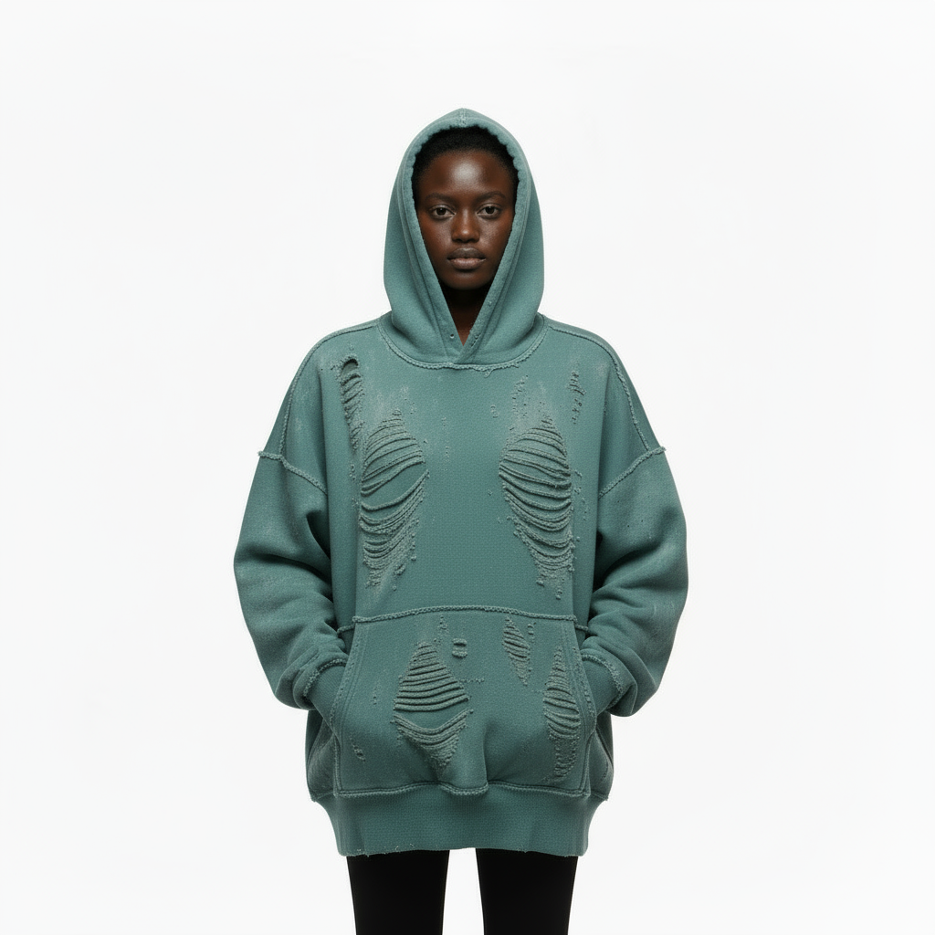 Ellenvinis Olive Green 1800GSM Double-Sided Washed Destroyed Hoodie – Vintage Street Style Heavyweight Sweatshirt