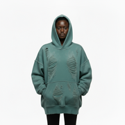 Ellenvinis Olive Green 1800GSM Double-Sided Washed Destroyed Hoodie – Vintage Street Style Heavyweight Sweatshirt