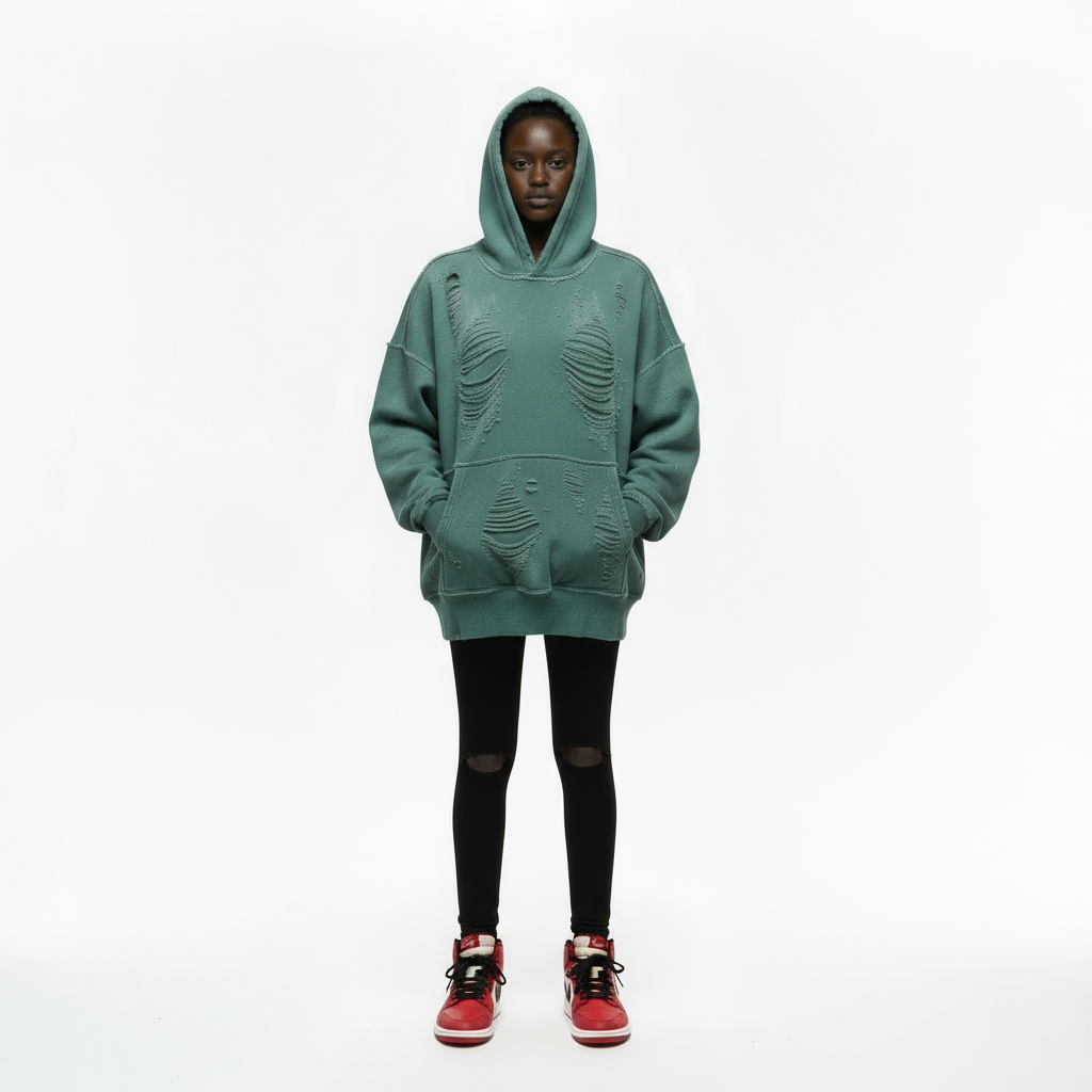 Ellenvinis Olive Green 1800GSM Double-Sided Washed Destroyed Hoodie – Vintage Street Style Heavyweight Sweatshirt