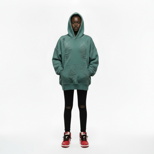 Ellenvinis Olive Green 1800GSM Double-Sided Washed Destroyed Hoodie – Vintage Street Style Heavyweight Sweatshirt