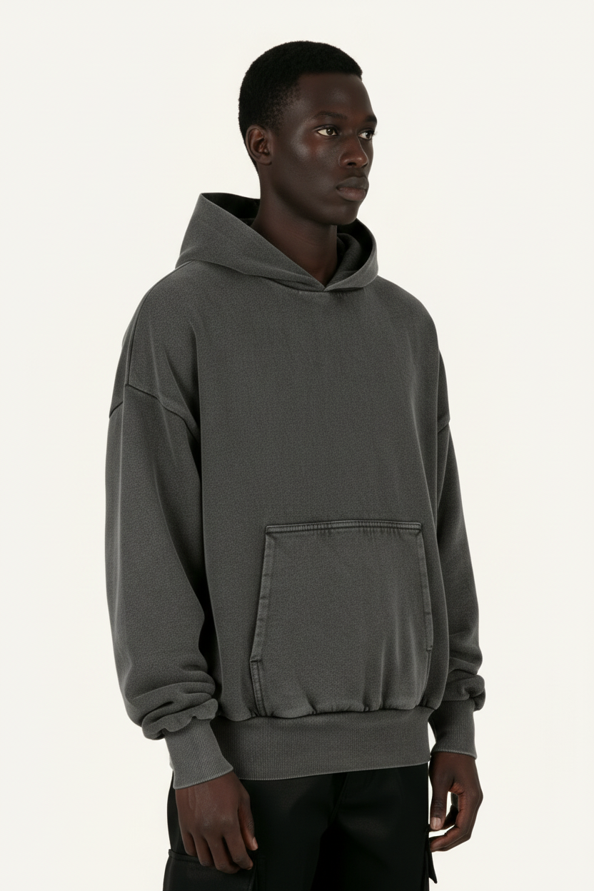 Ellenvinis 1800Gms Vintage Black Double Layer Hoodie - Oversized Soft Cotton Retro Hooded Sweatshirt