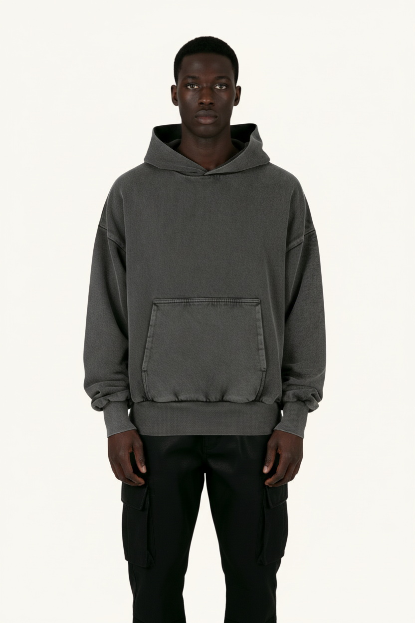 Ellenvinis 1800Gms Vintage Black Double Layer Hoodie - Oversized Soft Cotton Retro Hooded Sweatshirt