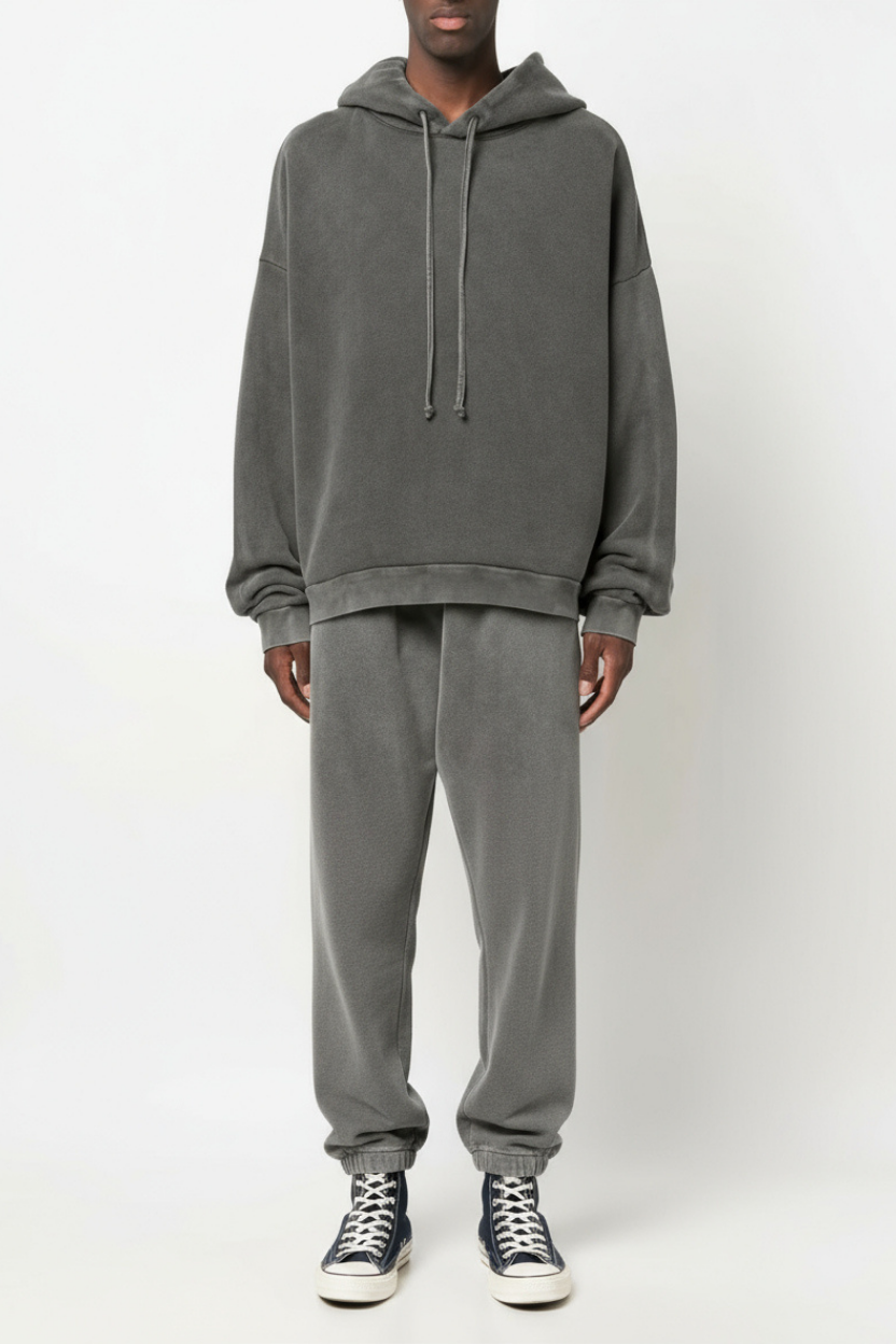 Ellenvinis 600GSM Heavyweight Washed Ash Gray Tracksuit – Vintage Oversized Couple Streetwear Set