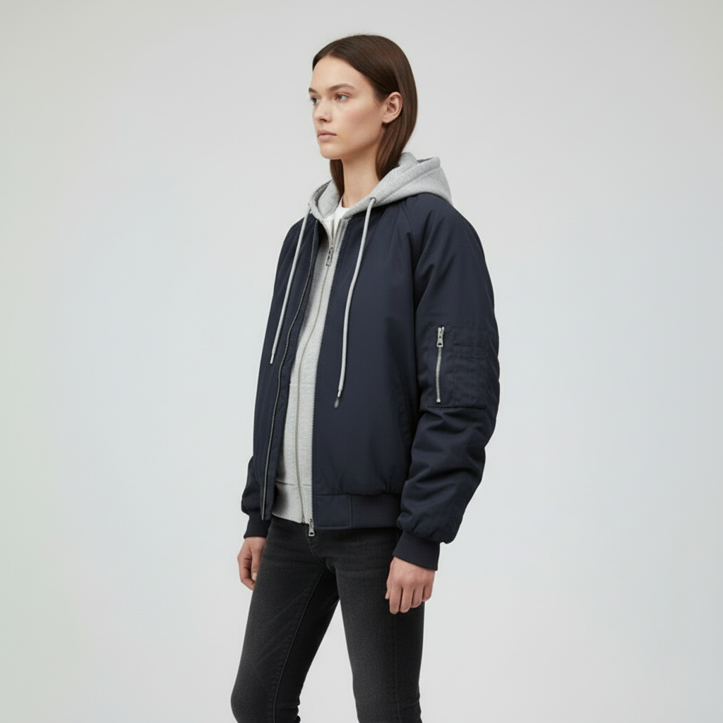 Ellenvinis Fleece-Lined Fake Two-Piece Hoodie Baseball Jacket for Women – 2025 Winter Casual Warm Outerwear