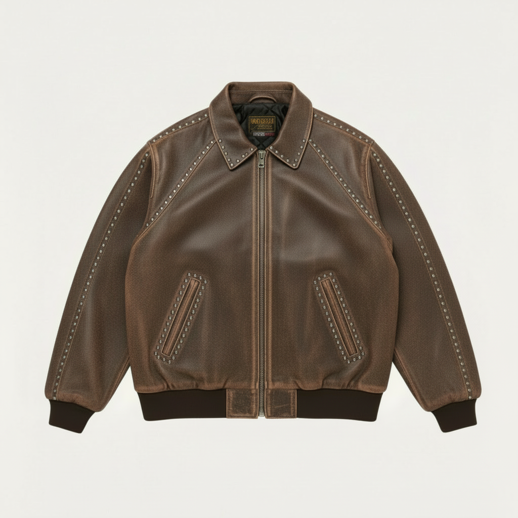 Ellenvinis Washed Vintage Calfskin Studded Jacket – Premium Distressed Leather Biker Coat | Retro Rock Punk Outerwear