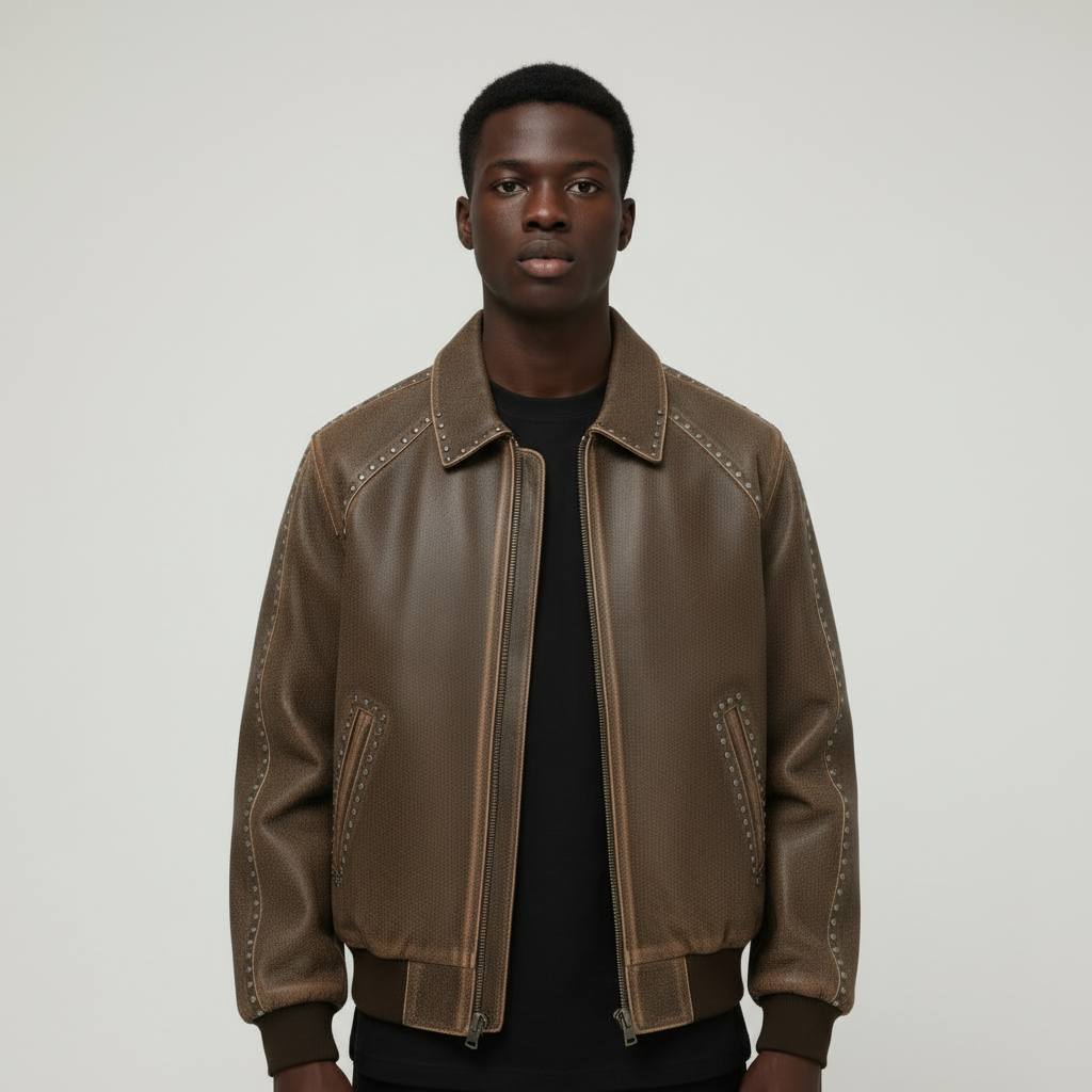 Ellenvinis Washed Vintage Calfskin Studded Jacket – Premium Distressed Leather Biker Coat | Retro Rock Punk Outerwear