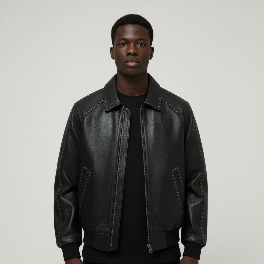 Ellenvinis Washed Vintage Calfskin Studded Jacket – Premium Distressed Leather Biker Coat | Retro Rock Punk Outerwear