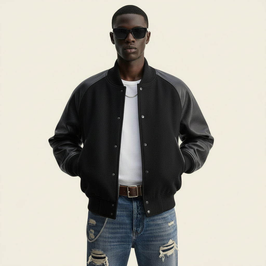 Ellenvinis Leather-Panel Bomber Jacket – Vintage Spliced Flight Jacket | High Street Unisex Outerwear