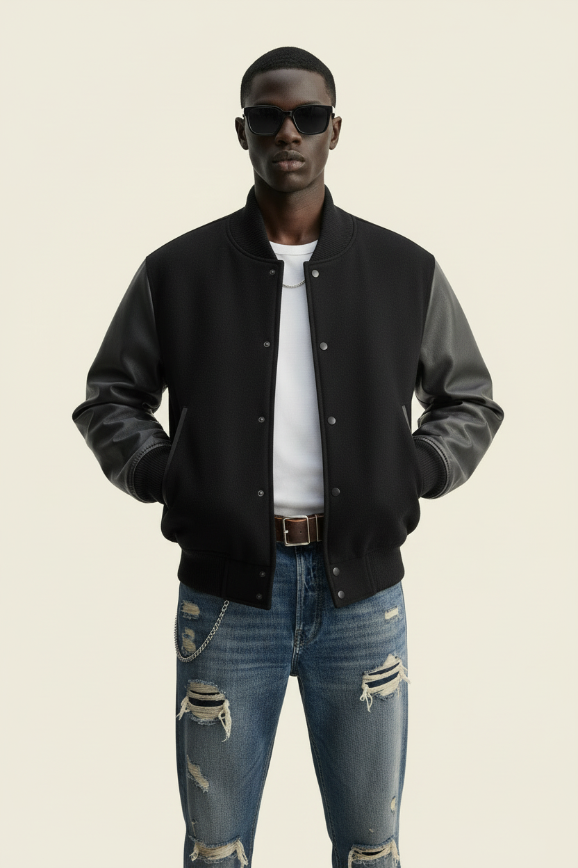 Ellenvinis Leather-Panel Bomber Jacket – Vintage Spliced Flight Jacket | High Street Unisex Outerwear