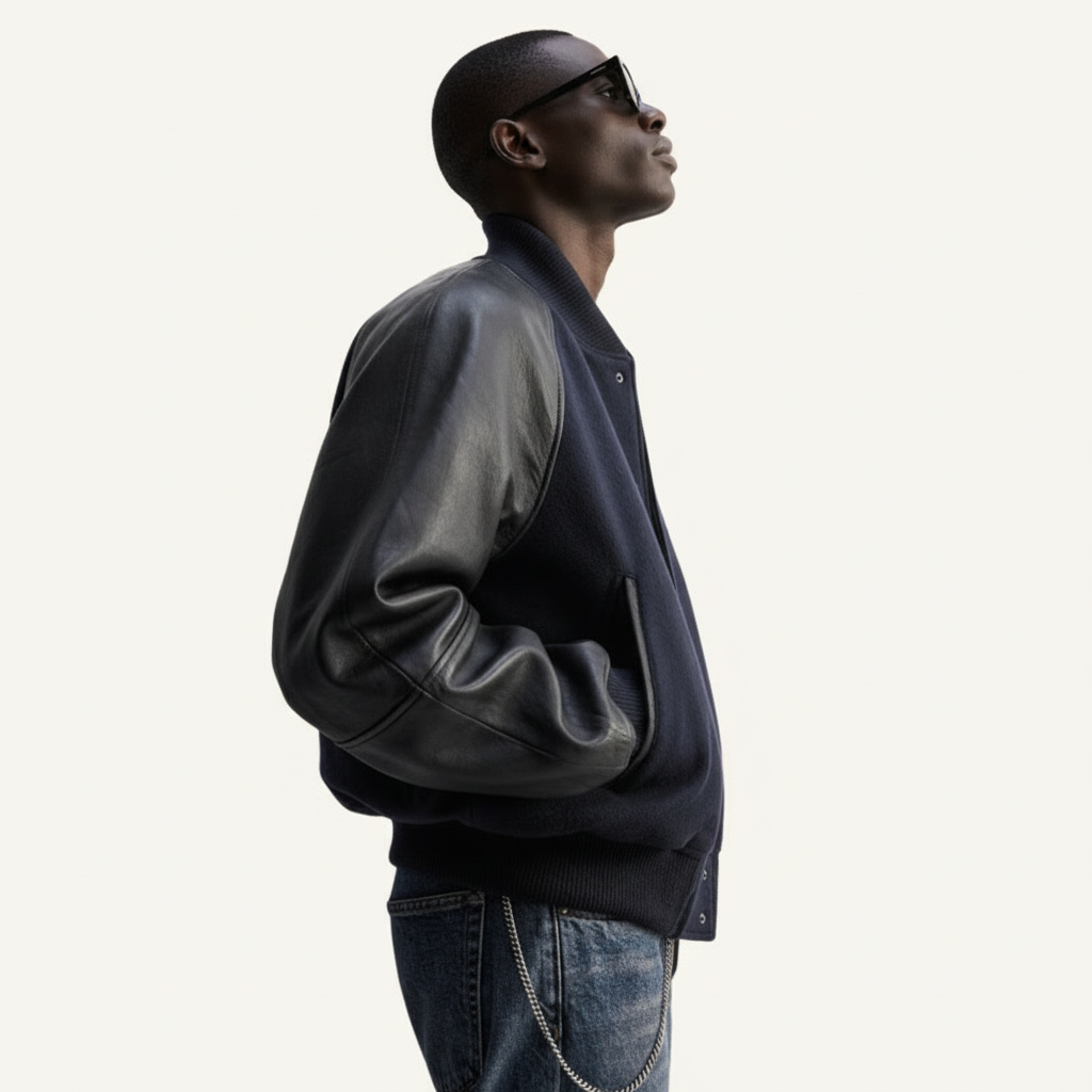 Ellenvinis Leather-Panel Bomber Jacket – Vintage Spliced Flight Jacket | High Street Unisex Outerwear