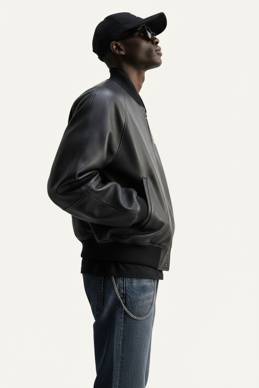 Ellenvinis Leather-Panel Bomber Jacket – Vintage Spliced Flight Jacket | High Street Unisex Outerwear