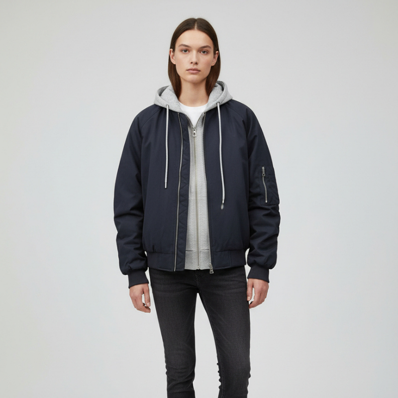 Ellenvinis Fleece-Lined Fake Two-Piece Hoodie Baseball Jacket for Women – 2025 Winter Casual Warm Outerwear